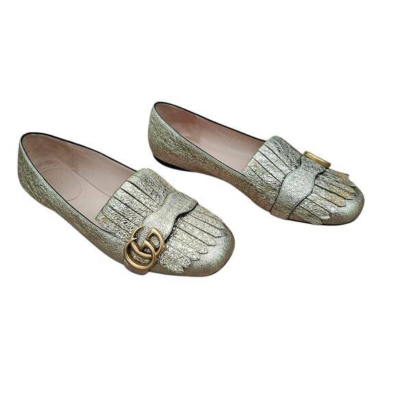 Gucci Shoes - Gucci GG Marmont Fringe Ballet Flat Size 38 US 8 Gold Foil Leather Slipper